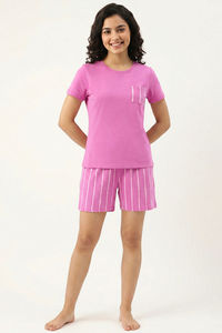 Zivame Thin Stripes Knit Cotton Short Set - Spring Crocus — thumbnail 1